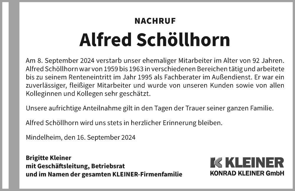 Traueranzeige von Alfred Schöllhorn von Allgäuer Zeitung, Kaufbeuren/Buchloe