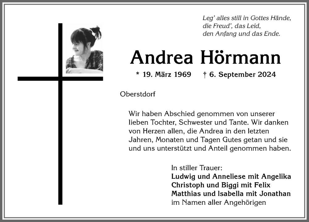 Traueranzeige von Andrea Hörmann von Allgäuer Anzeigeblatt