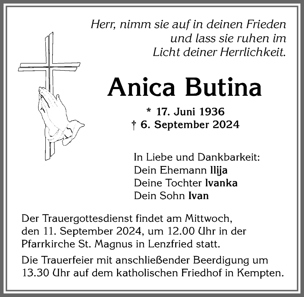 Traueranzeige von Anica Butina von Allgäuer Zeitung,Kempten