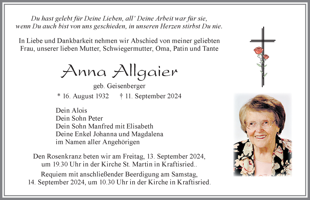 Traueranzeige von Anna Allgaier von Allgäuer Zeitung, Marktoberdorf