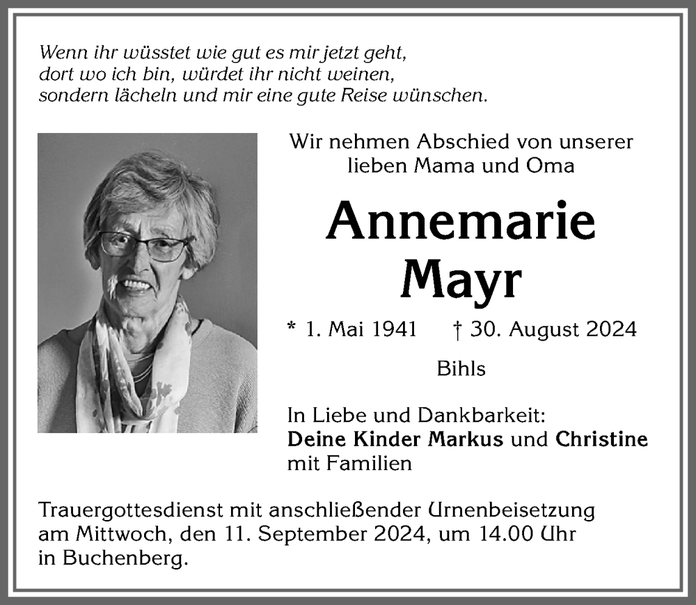 Traueranzeige von Annemarie Mayr von Allgäuer Zeitung,Kempten