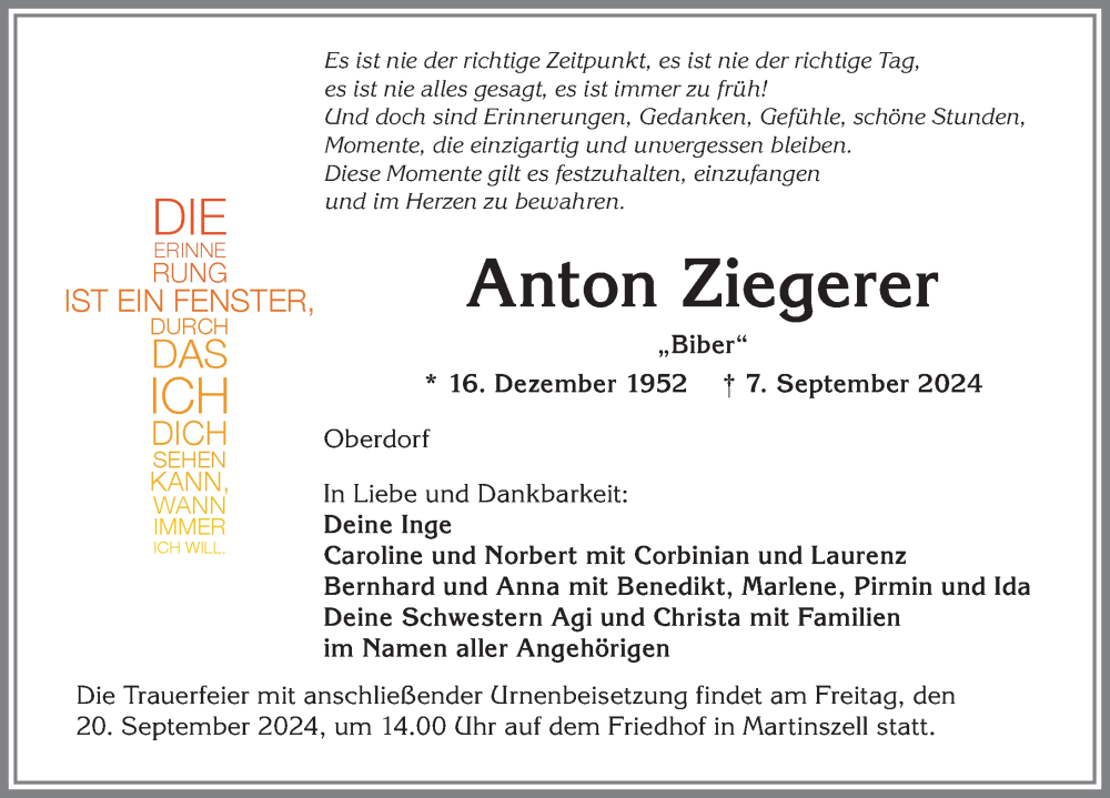 Traueranzeige von Anton Ziegerer von Allgäuer Anzeigeblatt