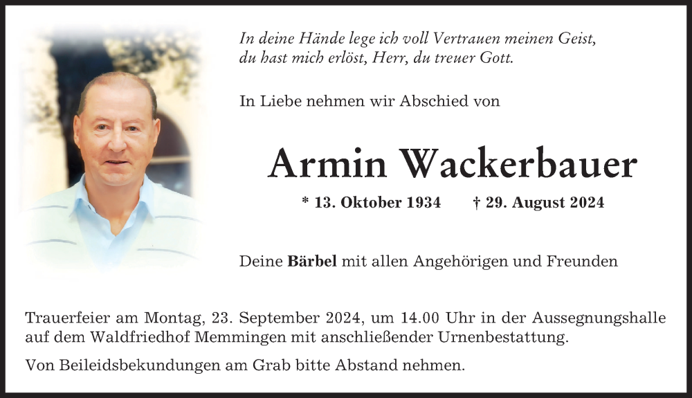 Traueranzeige von Armin Wackerbauer von Memminger Zeitung