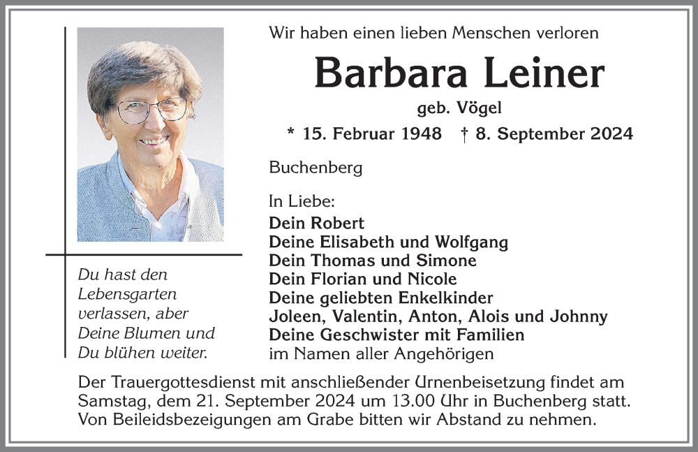 Traueranzeige von Barbara Leiner von Allgäuer Zeitung,Kempten