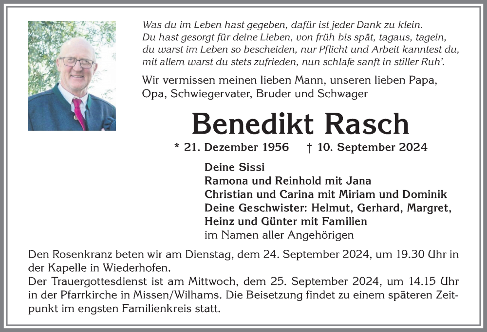 Traueranzeige von Benedikt Rasch von Allgäuer Anzeigeblatt