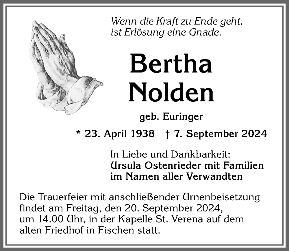 Traueranzeige von Bertha Nolden von Allgäuer Anzeigeblatt