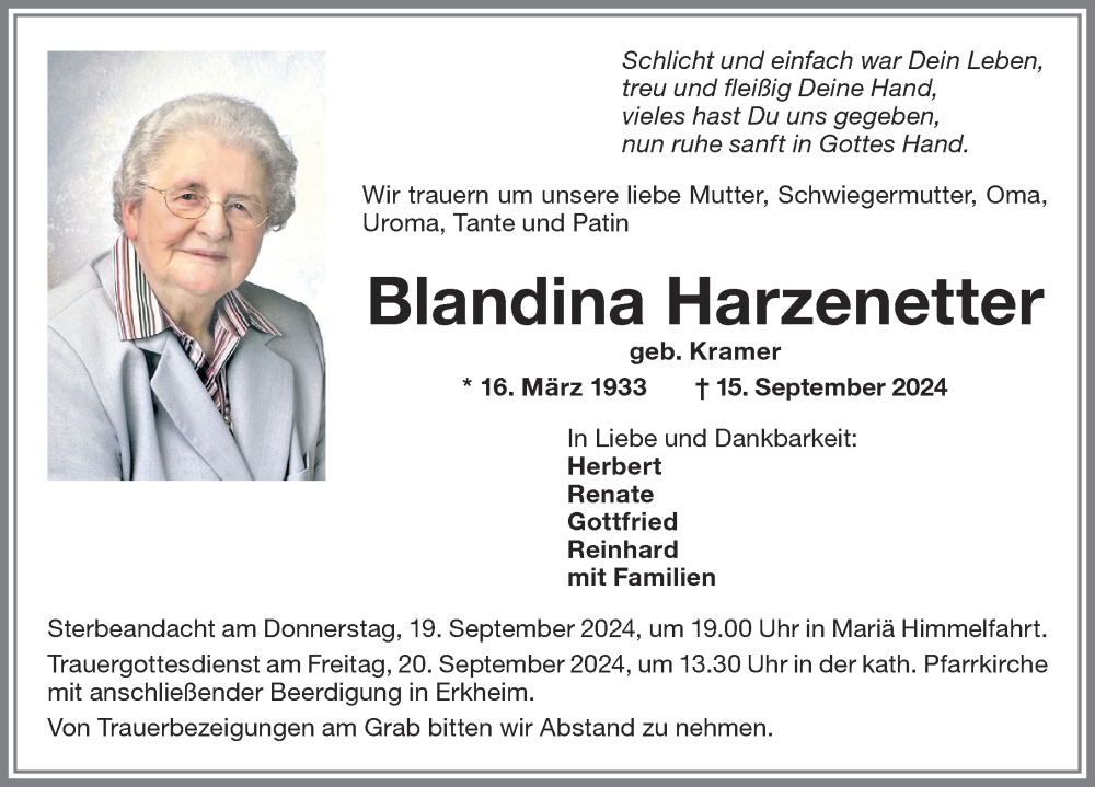 Traueranzeige von Blandina Harzenetter von Memminger Zeitung