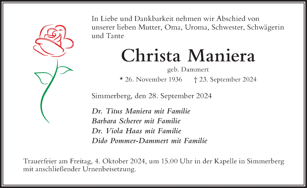 Traueranzeige von Christa Maniera von Der Westallgäuer