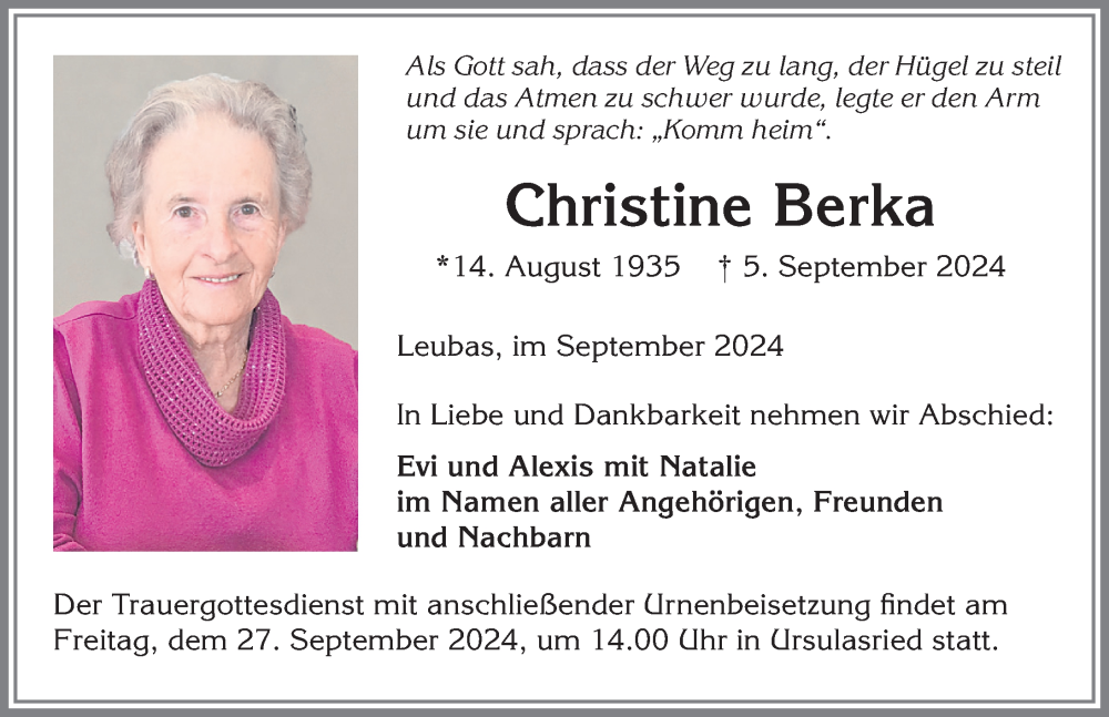 Traueranzeige von Christine Berka von Allgäuer Zeitung,Kempten