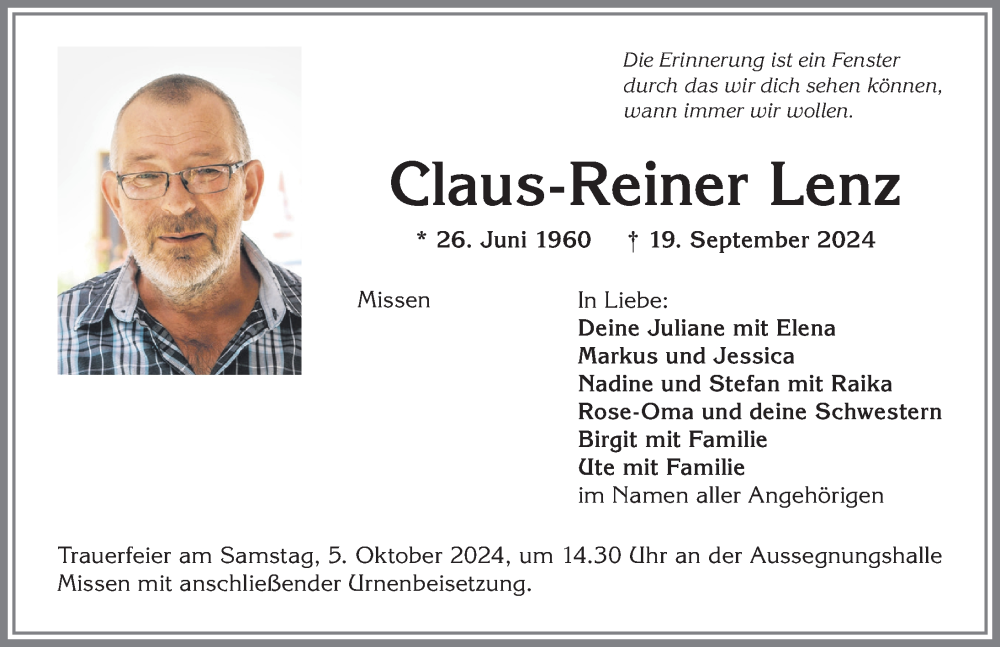 Traueranzeige von Claus-Reiner Lenz von Allgäuer Anzeigeblatt