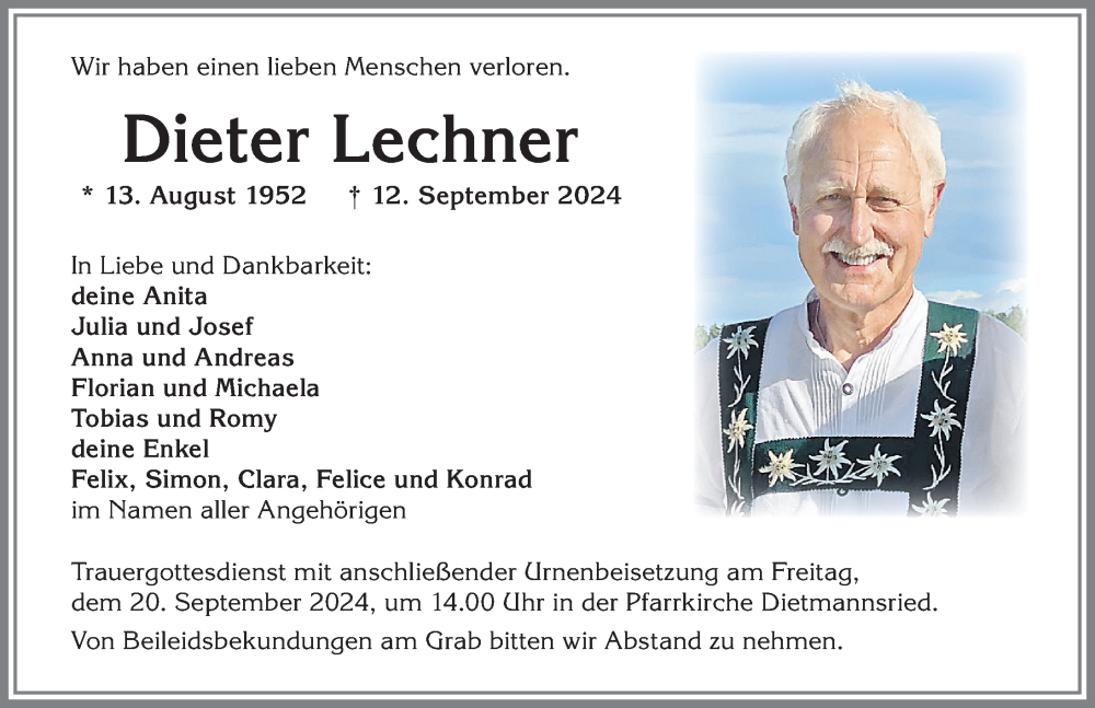 Traueranzeige von Dieter Lechner von Allgäuer Zeitung,Kempten