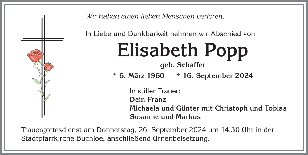 Traueranzeige von Elisabeth Popp von Allgäuer Zeitung, Kaufbeuren/Buchloe