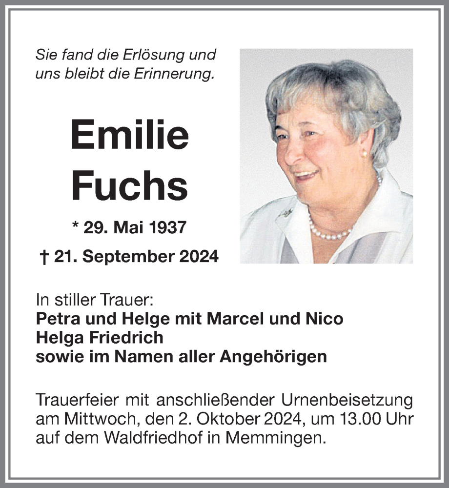 Traueranzeige von Emilie Fuchs von Memminger Zeitung