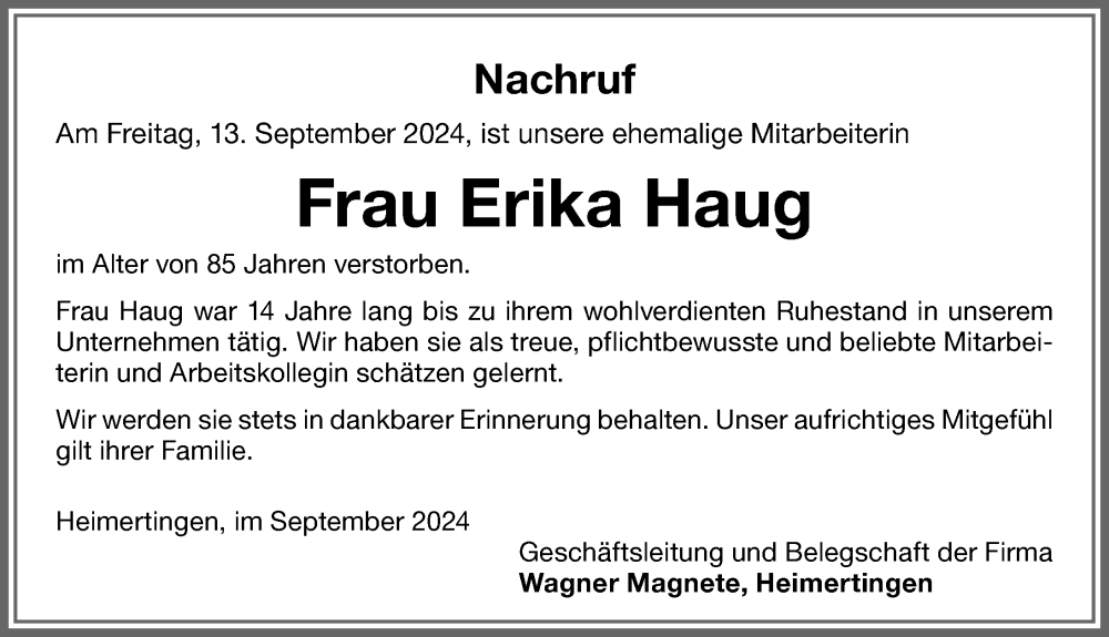 Traueranzeige von Erika Haug von Memminger Zeitung