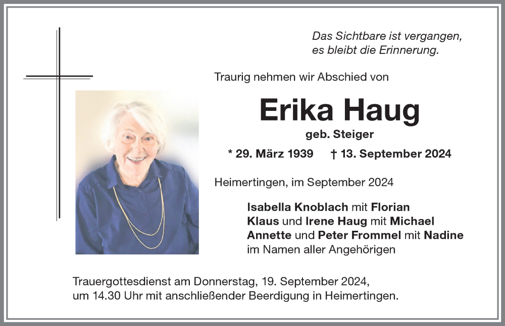 Traueranzeige von Erika Haug von Memminger Zeitung