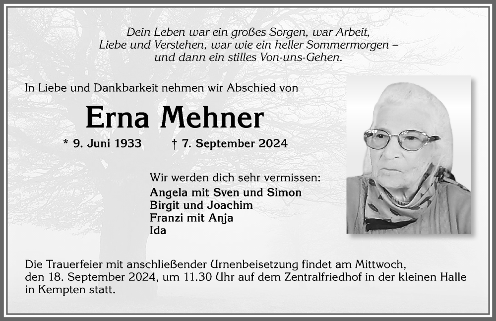 Traueranzeige von Erna Mehner von Allgäuer Zeitung,Kempten