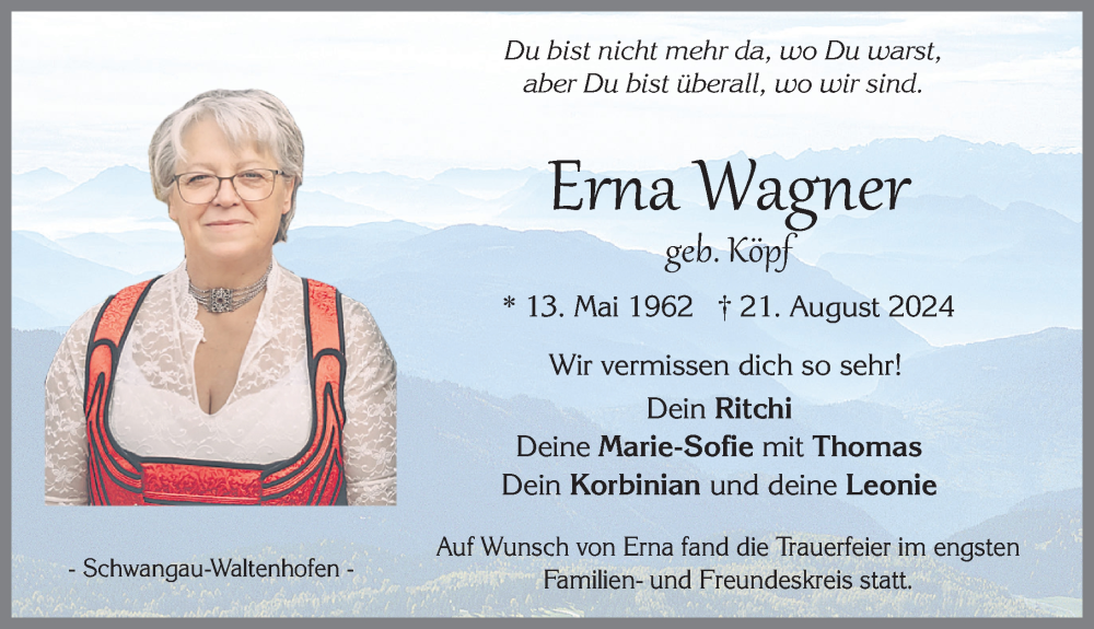 Traueranzeige von Erna Wagner von Allgäuer Zeitung, Füssen