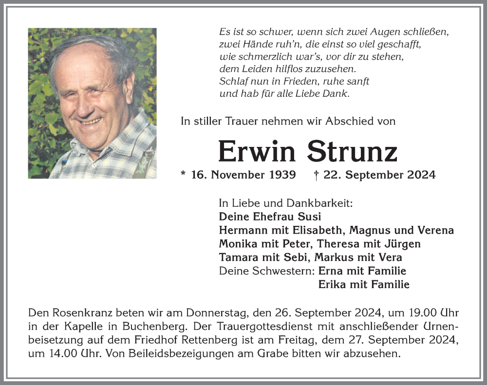 Traueranzeige von Erwin Strunz von Allgäuer Anzeigeblatt