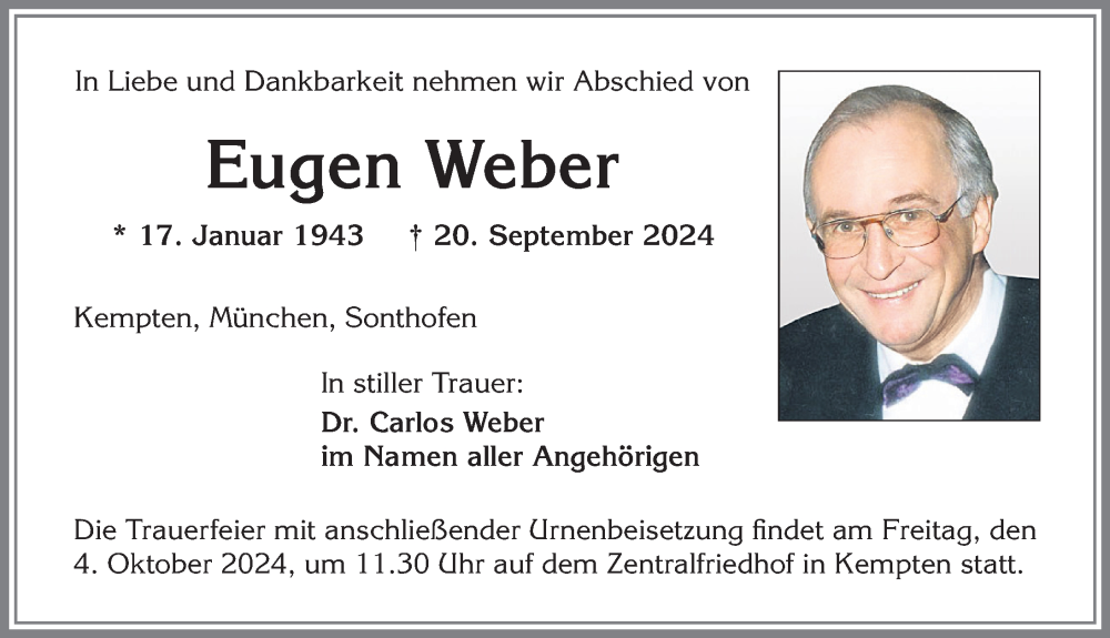 Traueranzeige von Eugen Weber von Allgäuer Anzeigeblatt