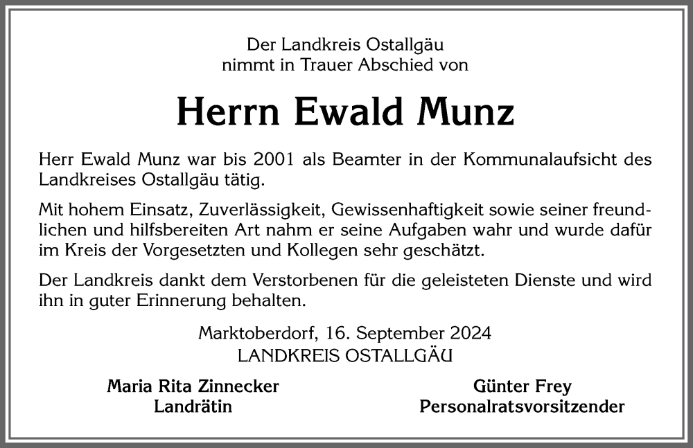 Traueranzeige von Ewald Munz von Allgäuer Zeitung, Marktoberdorf