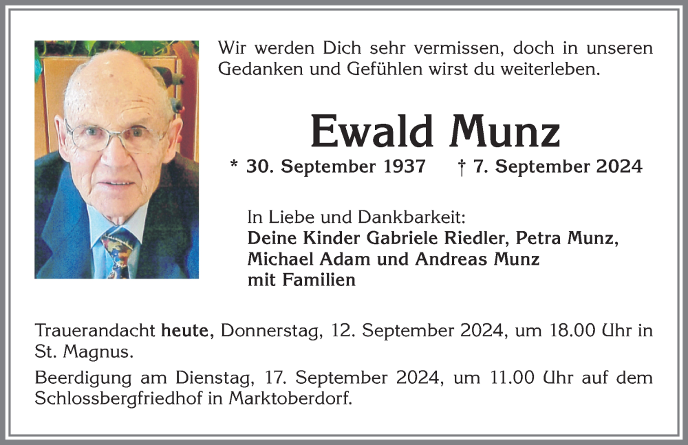 Traueranzeige von Ewald Munz von Allgäuer Zeitung, Marktoberdorf