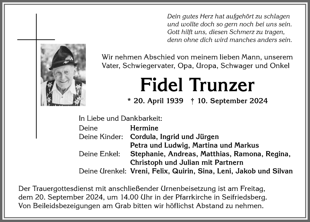 Traueranzeige von Fidel Trunzer von Allgäuer Anzeigeblatt