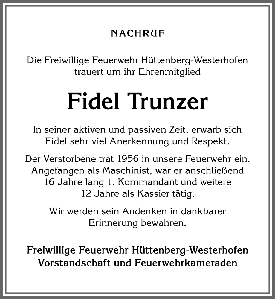 Traueranzeige von Fidel Trunzer von Allgäuer Anzeigeblatt