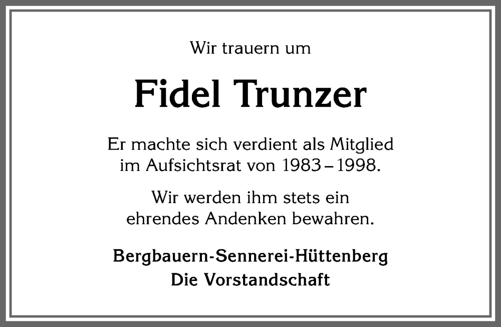 Traueranzeige von Fidel Trunzer von Allgäuer Anzeigeblatt