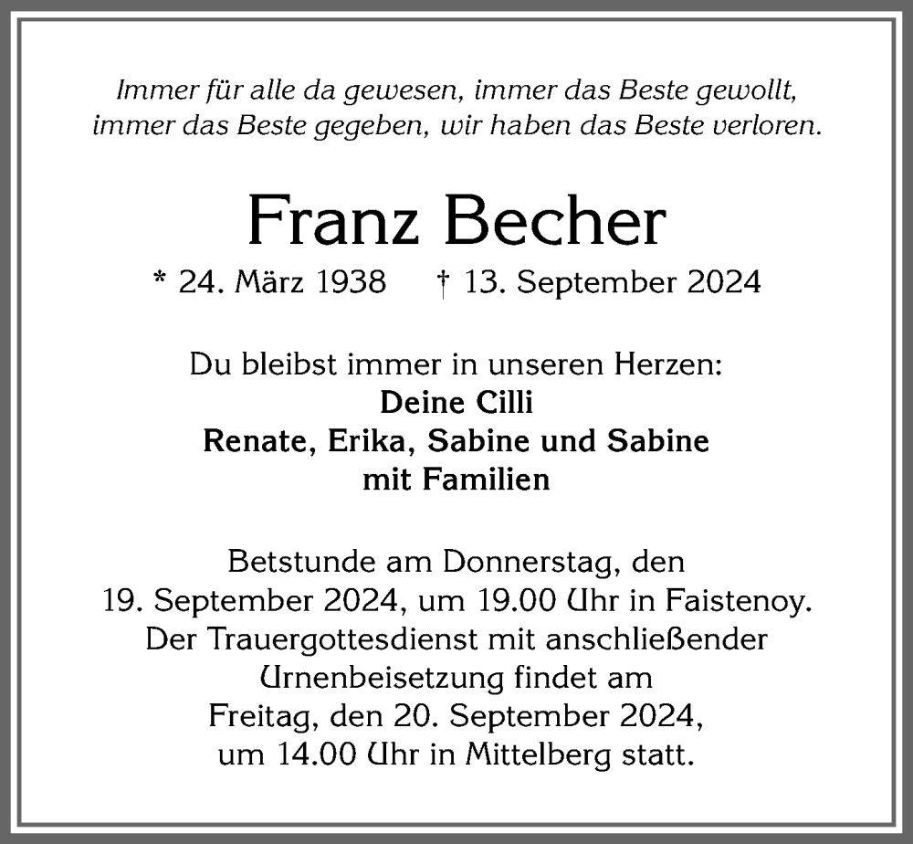 Traueranzeige von Franz Becher von Allgäuer Anzeigeblatt