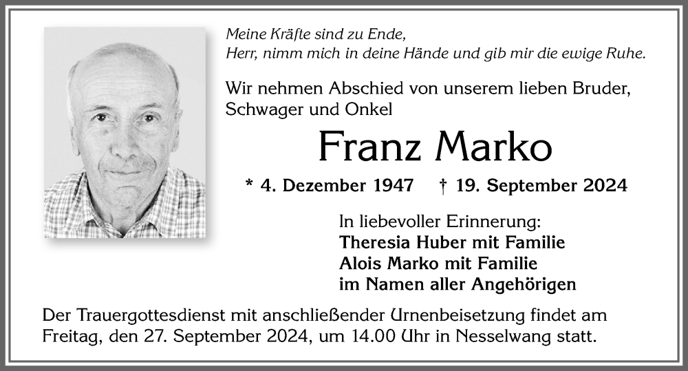 Traueranzeige von Franz Marko von Allgäuer Zeitung, Füssen