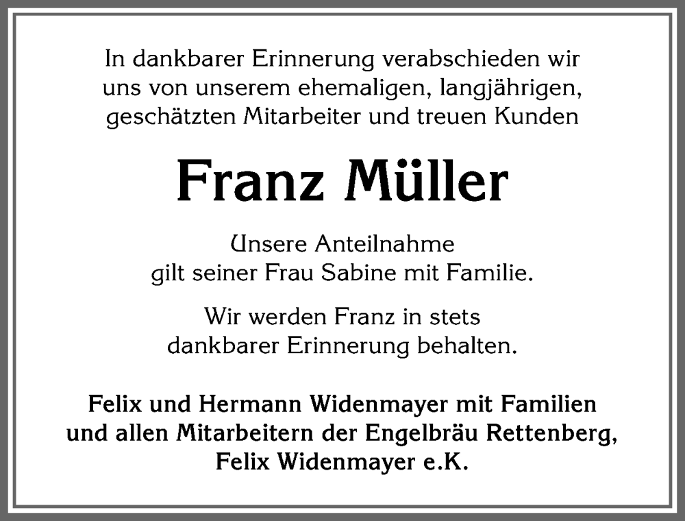 Traueranzeige von Franz Müller von Allgäuer Anzeigeblatt