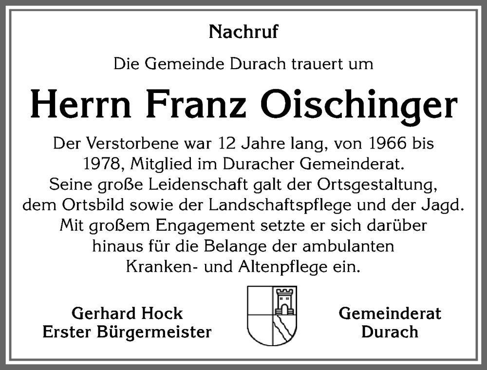 Traueranzeige von Franz Oischinger von Allgäuer Zeitung,Kempten