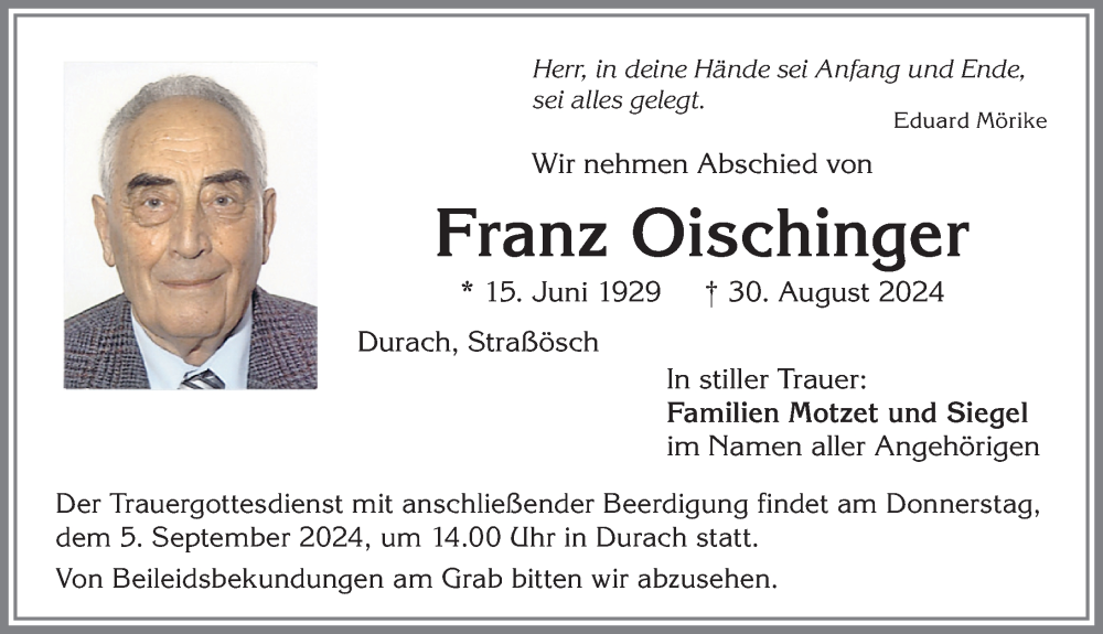 Traueranzeige von Franz Oischinger von Allgäuer Zeitung,Kempten