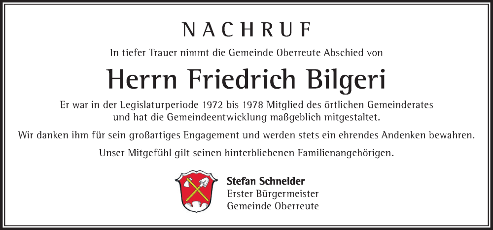 Traueranzeige von Friedrich Bilgeri von Der Westallgäuer