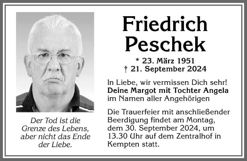 Traueranzeige von Friedrich Peschek von Allgäuer Zeitung,Kempten