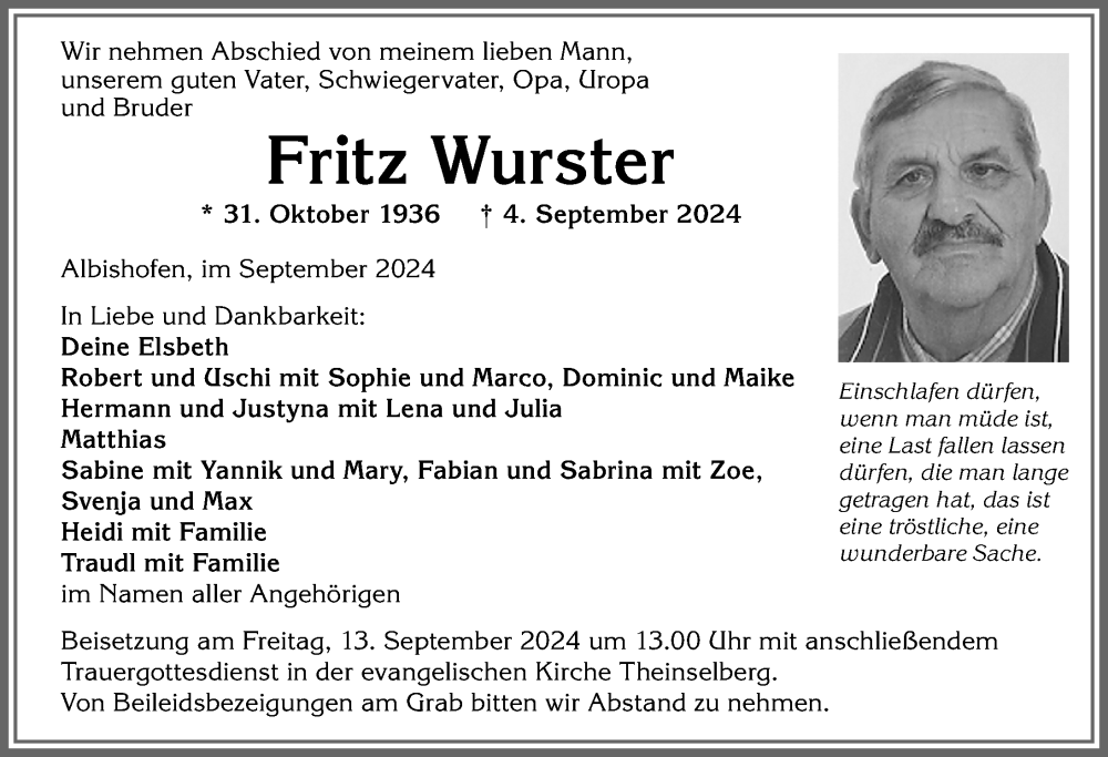 Traueranzeige von Fritz Wurster von Memminger Zeitung