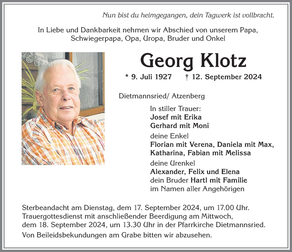 Traueranzeige von Georg Klotz von Allgäuer Zeitung,Kempten