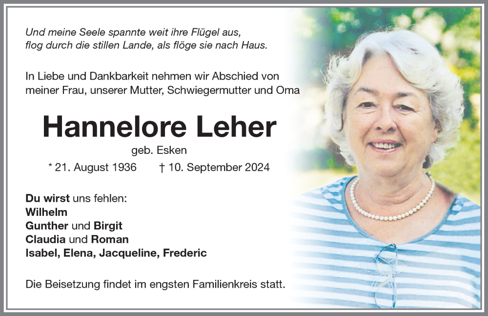 Traueranzeige von Hannelore Leher von Memminger Zeitung