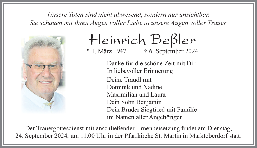 Traueranzeige von Heinrich Beßler von Allgäuer Zeitung, Marktoberdorf