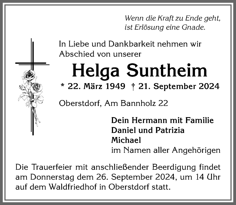 Traueranzeige von Helga Suntheim von Allgäuer Anzeigeblatt