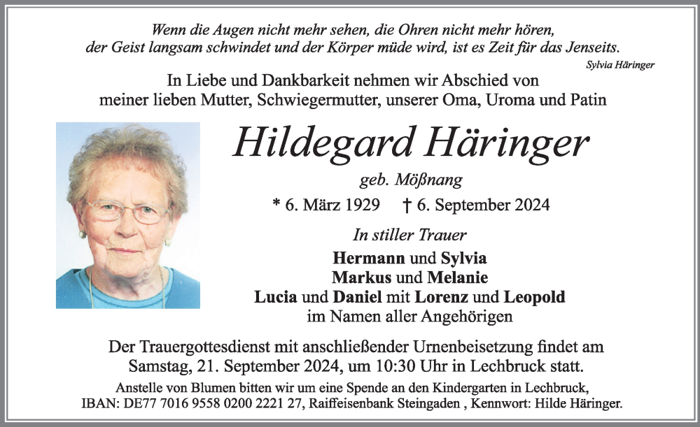 Traueranzeige von Hildegard Häringer von Allgäuer Zeitung, Füssen