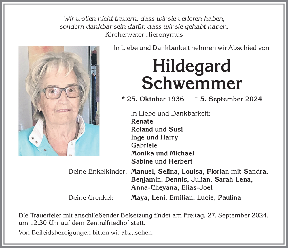 Traueranzeige von Hildegard Schwemmer von Allgäuer Zeitung,Kempten