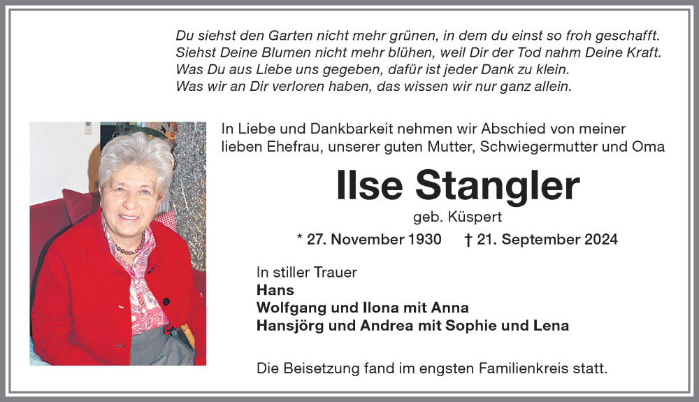 Traueranzeige von Ilse Stangler von Memminger Zeitung