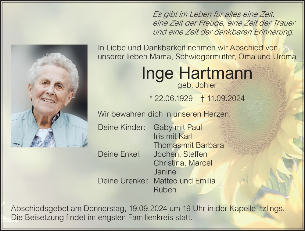 Traueranzeige von Inge Hartmann von Der Westallgäuer