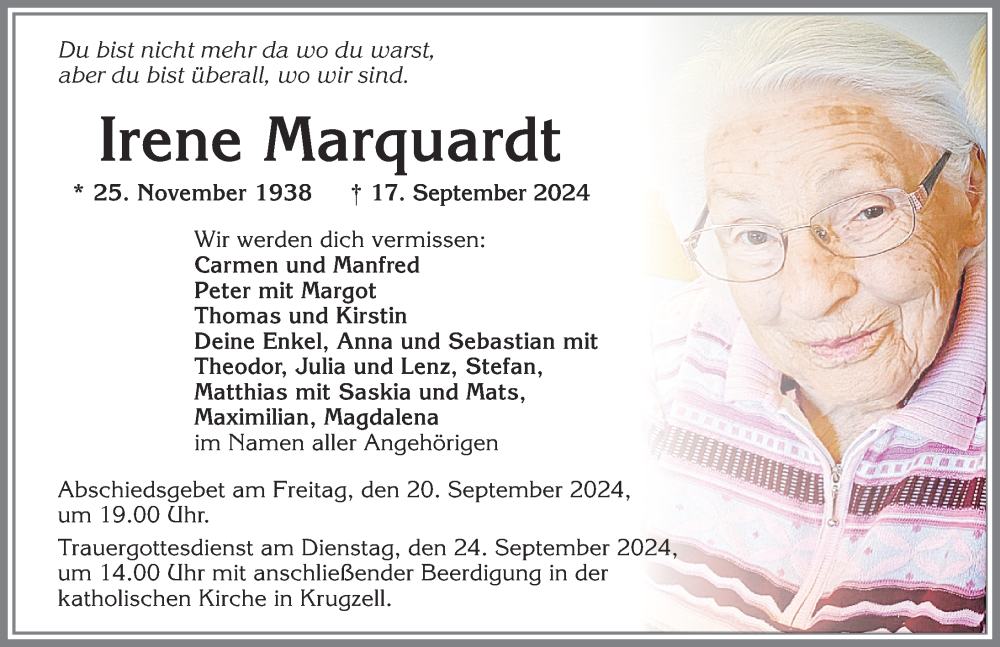 Traueranzeige von Irene Marquardt von Allgäuer Zeitung,Kempten