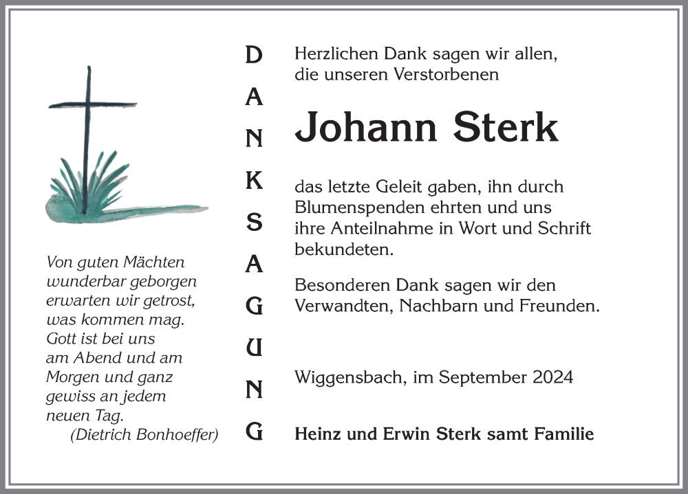 Traueranzeige von Johann Sterk von Allgäuer Zeitung,Kempten