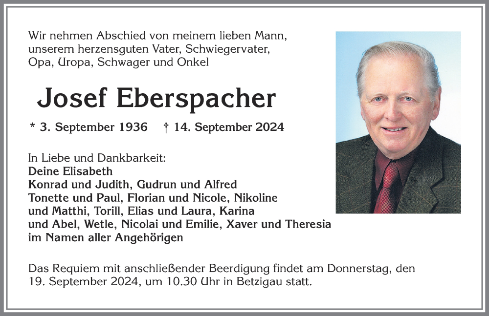 Traueranzeige von Josef Eberspacher von Allgäuer Zeitung,Kempten