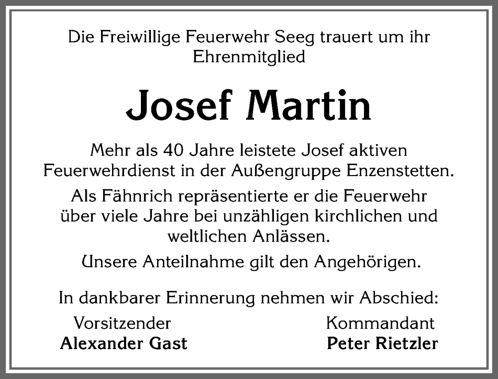 Traueranzeige von Josef Martin von Allgäuer Zeitung, Füssen