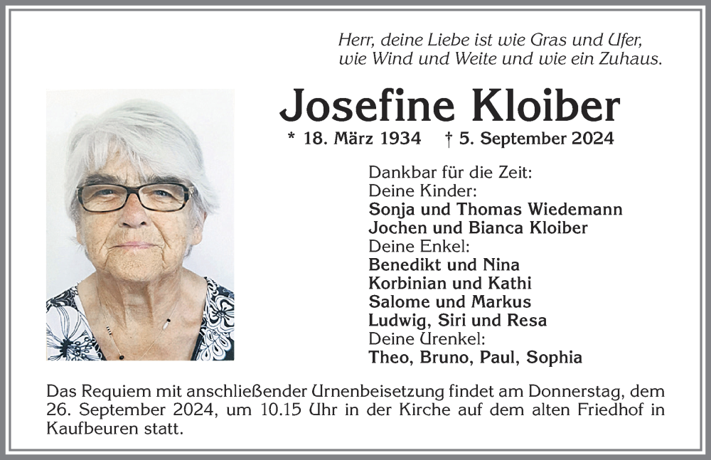 Traueranzeige von Josefine Kloiber von Allgäuer Zeitung, Kaufbeuren/Buchloe