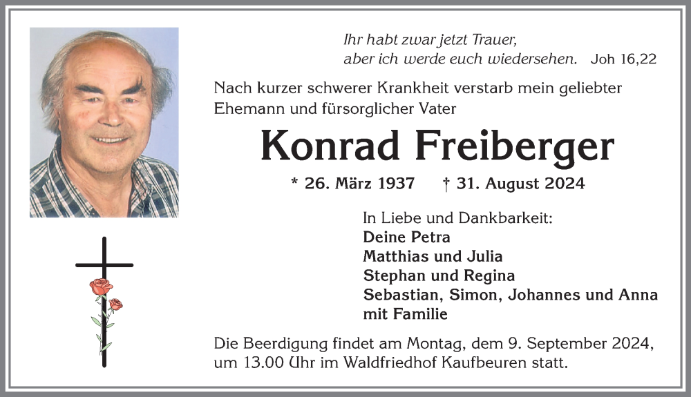 Traueranzeige von Konrad Freiberger von Allgäuer Zeitung, Kaufbeuren/Buchloe